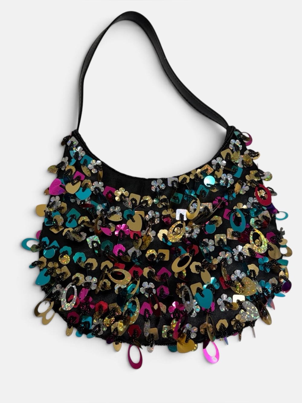 Y2K Sequin Embellished Black Handbag with multicolored sequins and charms